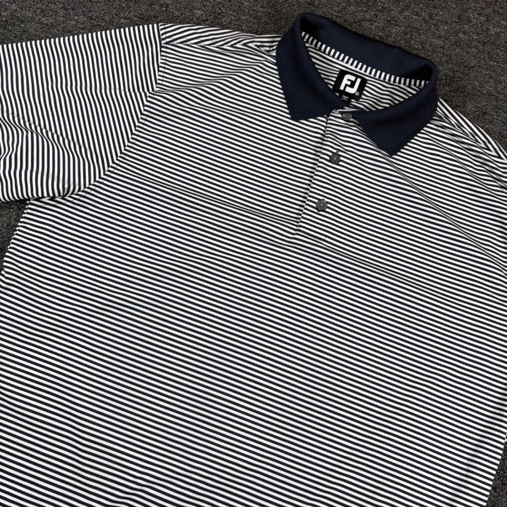 FootJoy Polo Shirt Mens XL Blue Striped Greens Galaxy Logo Golf Performance
